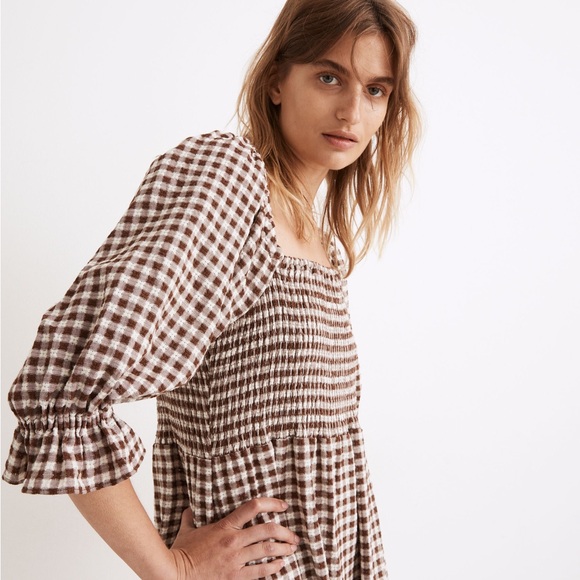 Madewell Lucie Elbow-sleeve Smocked Midi Dress in Brown Gingham - Picture 2 of 7